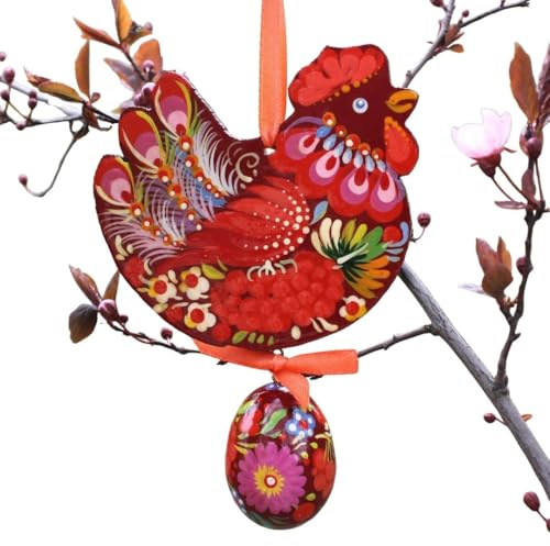 Bunte Holz Osterdekoration zum Aufhängen für Zweige oder Fenster Deko -Huhn mit Osterei 11 x 8,5 x 0,5 cm + das Ei 3-4 сm aus Holz nach Ukrainischer Art