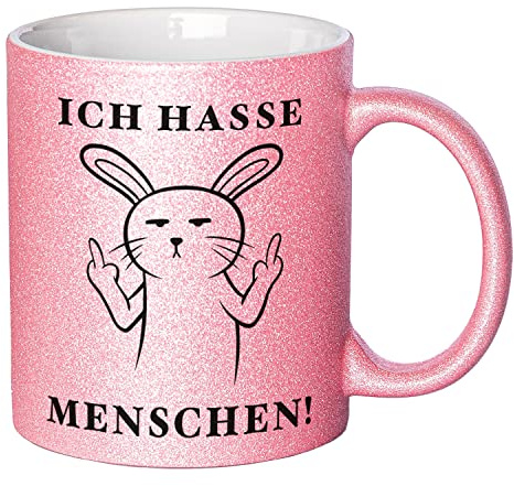 Glitzer Tasse mit Spruch Ich hasse Menschen | Rosa | Hase | 330ml | doppelseitig bedruckt | Lustige Hasentasse als witzige Geschenkidee zu Weihnachten für beste Freundin oder Kollegin