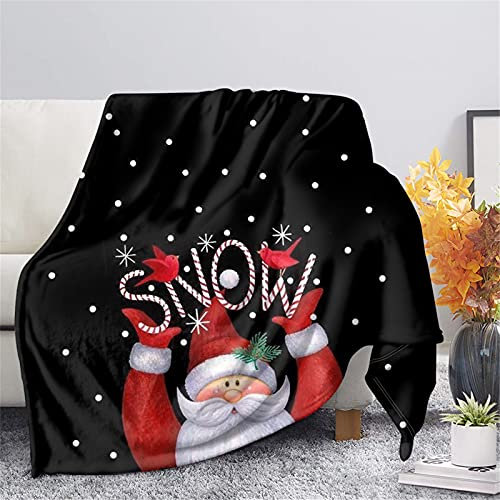 HUGS IDEA Coperta con cartone animato Santa Snow Candy Bird, coperta natalizia nera con motivo a pois, coprisedia appesantita e sfocata coperta in peluche