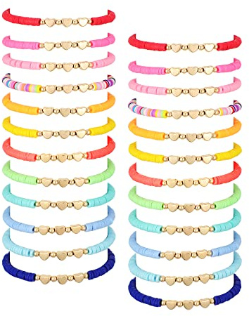 Sureio 24 Pcs Colorful Friendship Bracelets Letter Heart Smile Bracelet Surfer Bracelets Stretch Beaded Kids Bracelet for Girls Women Back to School Tween Girl Party Favors(Heart Style)