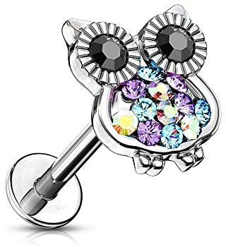 Treuheld® Silbernes Labret Piercing mit Kristall Eule | 2 Größen