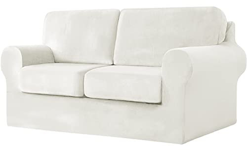 jianyana Ektorp Sofa Covers, Sofa Cover 2 Seater Stretch Velvet Sofa Cover T-shaped Couch Slipcover with Elastic Adjustment Band with Cushions and Backrests Covers (White, 2 Seater-5Pieces)