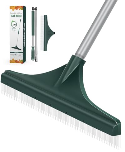 Artificial Grass Turf Rake with Foldable Lightweight Steel Handle, 51 Folding Turf Brush for Carpet Cleaner with Ergonomic Design, Suitable for Pet Hair Removal, Silver Handle and Green Head