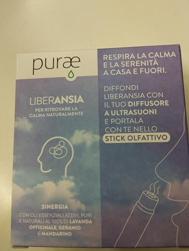 PURAE LIBERANSIA sinertgia 5 ml con stick olfattivo per ansia e stress: Lavanda, Mandarino, Geranio - Olio Essenziale 5 ml