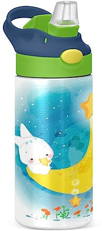 KAAVIYO Moon Dream Bunny Rabbit Water Bottle Stainless Steel Insulated Vacuum Flask Leak Proof with Straw Brush Cup 350ML for Boys Girls Kids