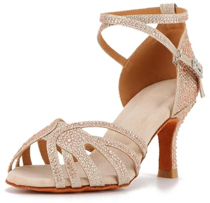 Syrads Chaussures de Danse pour Femmes Chaussures de Danse Latine à Bout Ouvert pour Salle de Bal pour débutants Sociaux fête Spectacle de Mariage,Or 7.5cm Heel,39 EU