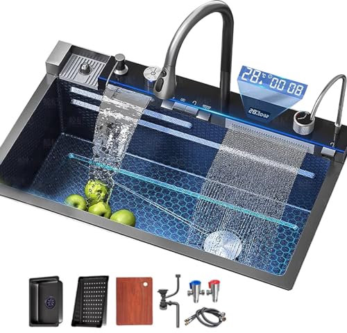 Fregadero de acero inoxidable negro fregadero de cocina multifuncional cascada grifo grande fregadero de un solo tazón patrón de panal de abeja de acero inoxidable (80 x 45 x 22 cm)