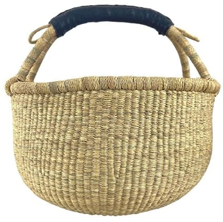 Bolga Korb Afrika - XXL - Das Original aus Ghana - Bunt - Fair Trade - Rund - Viele Farben - Afrikanischer Graskorb mit Ledergriff - Flechtkorb 30-40 cm - Rundkorb mit Wunschdesign (Natural)