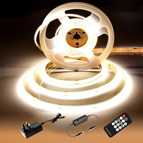 luktix COB LED Strip 2m Natural White, 4000K, 24V, 8mm Width, CRI 92 | Dimmable LED Strip Lights with Remote and Power Supply for Bedroom, Kitchen, TV, Mirror, Home Decoration, Dotless, Cuttable