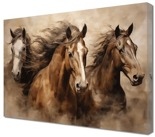 ZQQART Leinwandbild mit Pferden großes Pferd galoppierend im Sand Laufbild Westerntiere Pferdeporträt Gemälde Wildpferd Poster für Wohnzimmer Heimwanddekoration (Braun,50x75cm)