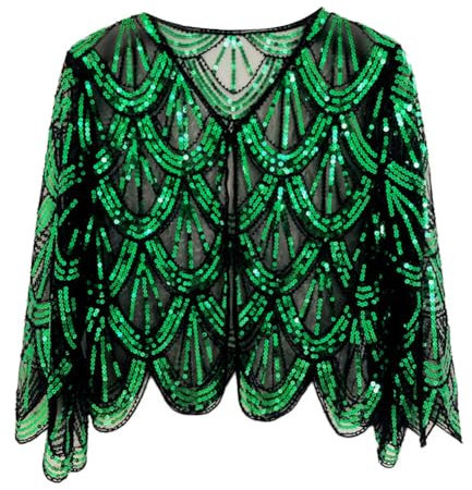 Asudaro Frauen Retro Wraps Schal Paillettenschal 1920er Abendumhang Stola Schal 20er Jahre Kostüm Damen Zwanziger Jahre Stola für Abendkleider Hochzeit Party Schwarz Grün
