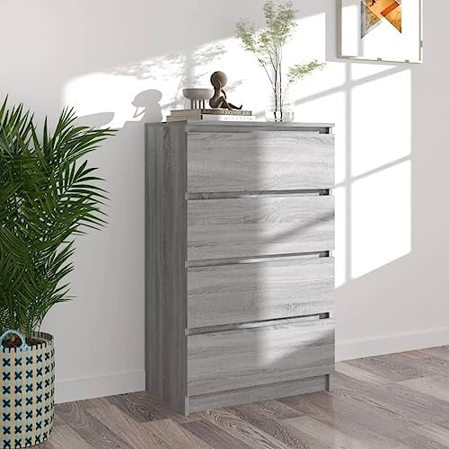 FOZICV Sideboard Grau Sonoma 60x35x98,5 cm Holzwerkstoff Minimalistischen Stil Multifunktional Lagerschrank mit 4 Schubladen Stauraum für Bücher, Multimedia-Geräte und Andere Gegenstände
