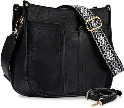 Chase Chic Umhängetasche Damen,Mittelgroß Handtasche,PU Leder Crossbody Bag Schultertasche mit 2 verstellbarem Riemen(Schwarz)