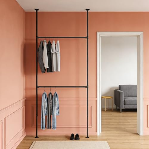 pamo Teleskop Kleiderstange 106 x 220-300 cm | Höhenverstellbarer Raumteiler Offener Kleiderschrank robuster Kleiderständer - Ohne Bohren, stabiler Stand