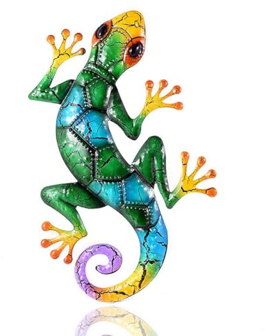 YWHWXB Metall-Gecko-Wanddekoration, hängende Eidechse, Wandkunst, Bunte Metall-Eidechsen, Wanddekoration für Innen- und Außenbereich, Garten, Balkon, Hof, Zaundekoration (42 x 27 x 1,3 cm, grün)