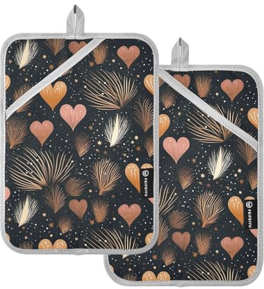 Set di 2 presine a forma di cuore con foglia su sfondo scuro, set di presine da cucina per cucinare
