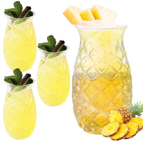 WANDGU Lot de 4 Verres à Ananas 400 ml - Gobelets à Cocktail Transparents en Relief, Réutilisables pour Jus et Long Drink - Parfaits pour la Maison en Été