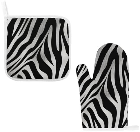 Zebra Print Oven Mitts and Pot Holders Set Non-Slip Kitchen Potholder High Heat Resistan Oven Gloves Water Resistant Coaster Set Long Oven Mitts for Cooking