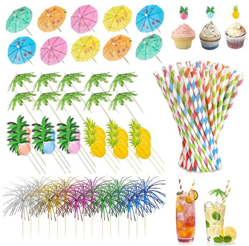 Cocktail Accessories for Drinks, 140 Pcs Cocktail Party Decorations with Cocktail Umbrellas Straws Sparkler Sticks Fruit Labels for Party Decoration, Cake Toppers, Bar, Birthday, Picnics, Beach