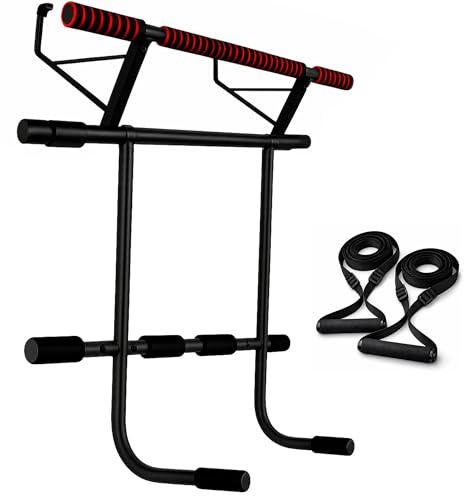 OcioDual Barra de Dominadas Puerta con Estación Dip y Correas de Entrenamiento en Suspensión, Pull Up Bar Door, Dips, Ejercicio en Casa, Barra Dominadas Puerta Plegable