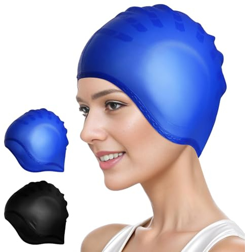 DIELOVEHUA Badekappe Gehörschutz 3D, wasserdichte Badekappe, Elastische Badekappen, Weiche Strapazierfähige Schwimmkappe, Swimming Cap für Herren Damen(Schwarz/Blau)