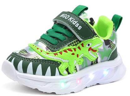 Scarpe luminose a LED for bambini, scarpe da ginnastica lampeggianti, modello dinosauro sportive for bambini da 1 a 6 anni primavera e autunno casual da corsa con chiusura in MAGIC TAPE(Verde,28 EU)