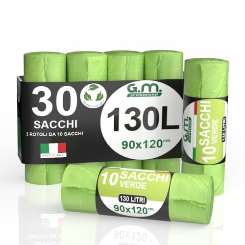 GM 30 Sacchi Spazzatura Verdi 90x120 cm Biodegradabili x Umido, Resistenti, 130 litri, Sacchetti Bio Compostabili x Ristoranti, Buste Immondizia per Rifiuti Organici, 3 Rotoli da 10 buste immondizia