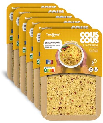 Trevijano Cous Cous Oriental: 6 barquettes de 300 g chacune. Sans additifs ni conservateurs, uniquement des ingrédients végétaux déshydratés : cous cous, oignon, poivron vert, poivron rouge, curry