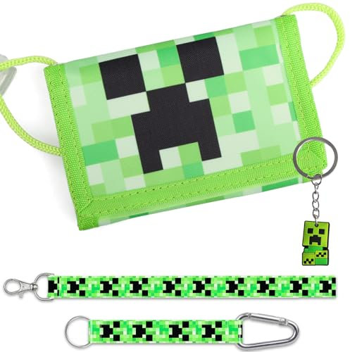 Videospiel Brustbeutel Kinder, Miner Spiel Kinder Dreifach Gefaltete Geldbörse, Portemonnaie mit 3 Schlüsselband und 1 Schlüsselanhänger für Kindergeburtstag Mitgebsel Deko, Gamer Theme Party Zubehör