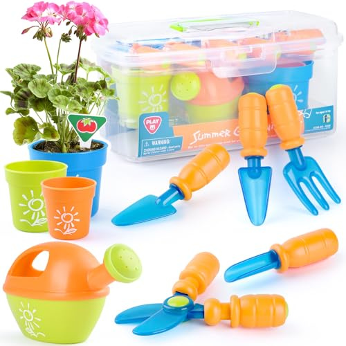 Play Set de Jardín para Niños, Herramientas de Jardinería con Pala, Horquilla, Tijeras, Maceta, Regadera, Etiqueta y Caja de Almacenamiento, Kit de Jardín para Niños Mayores de 3 Años