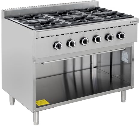 GastroHero Gasherd, 6 Brenner, offener Unterbau, Edelstahl GHBO6B | Gesamtleistung 43,2 kW, Stauraum, Spritzschutz, Zubehördüsen G25 sowie Propan-Düsen G30/G31, Sicherheits-Thermokupplung