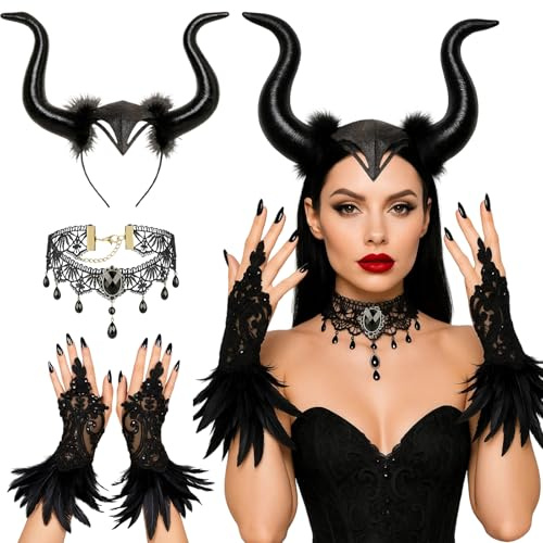 RxaGtn Hörner Kostüm, Faschingskostüme Damen, Halloween Königin Hörner Kopfschmuck mit Schwarz Feder Handschuhen und Gothic Halskette für Halloween, Karneval, Maskerade und Cosplay