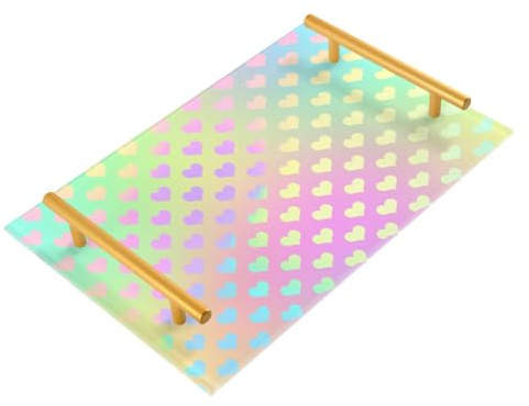 Bandeja decorativa de plástico con diseño de corazón arcoíris colorido de feliz San Valentín con asas para cocina, joyas, perfumes, para la cama, servir charolas para servir comida