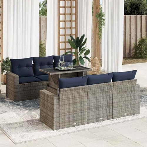 Qnhdfrt Garten Sofagarnitur Set Grau 7 Teilig mit Kissen PE Rattan und Stahl Gestell Modulares Design für Terrasse Garten und Balkon