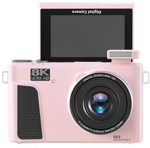 Fockety Cámara Digital de 8k para Fotografía, Cámara de Vlogging Compacta WiFi 88MP con una Pantalla de Flip de 3 Pulgadas, Zoom Digital de 18x, Flash y Batería para Principiantes (Pink)
