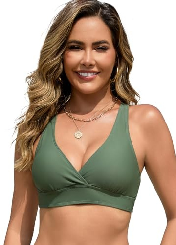 SHEKINI Women's Adjustable Straps Padded Bikini Top Only | Adujustable Wide Straps, Removable Padding, Criss-cross Back, V Neck Swimwear Top