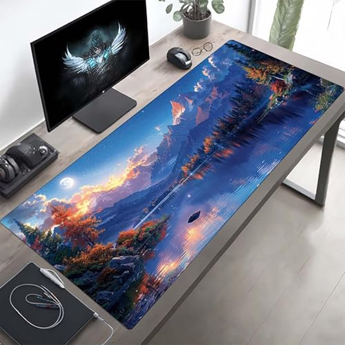 Gaming Mauspad 160 x 80cm Gaming Mousepad XXL Landschaft Blau Mauspad Schreibtischauflage, Genähte Kanten Mausmat, rutschfeste Gummibasis, Schreibtisch Schutz für Home Büro, Geschenke PjY10890 2-1