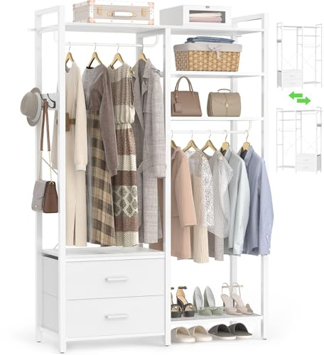 iSunirm Cabina Armadio Componibile Stand Appendiabiti Aperto con 2 Cassetti, Armadio Guardaroba 115x40x200cm Robusto, Stender Appendiabiti con 2 Aste e Ripiani Regolabili, Ideale per Camera