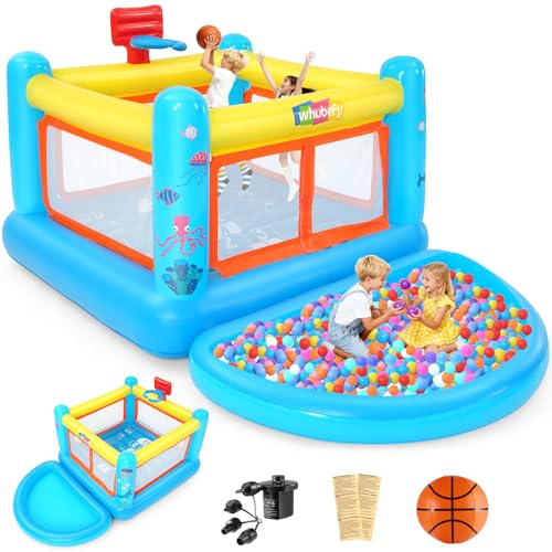 Aufblasbare Hüpfburg - 270x172x128cm, Ozean-Serie Hüpfburg Kinder Indoor, PVC Bounce Castleb im Ozean-Design mit kleinem Bällebad und Basketballkorb