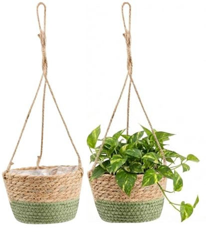 Ruikcoll Set med 2 hängande blomkrukor av sjögräs, handvävd växtkorg med upphängningsrep, 20 cm planteringskärl för suckulenter, örter, för inomhus- och utomhusbruk