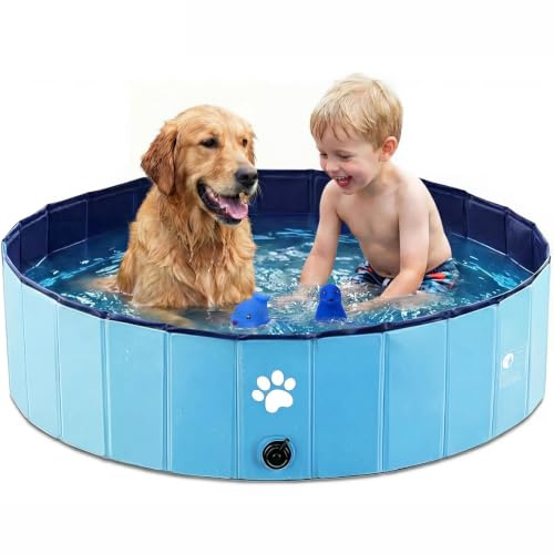 Dazhtu Dog Paddling Pool, 100x30cm PVC Foldable Pet Swimming Pool Portable Dog Pool Large Bathing, Non-Slip Dog Bath Tub with Drain Plug, Puppy Folding Pools for Outdoor Garden, Blue