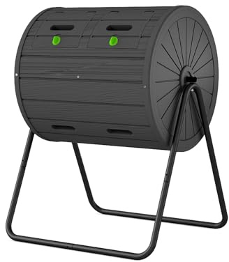 ZUCONKITCH Rotating Drum Composter with Wood-Texture Design Durable Outdoor Composting Container for Garden Use (Black, 28.23 * 25.59 * 36.02)