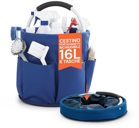 Avilia Secchio Pieghevole 16 Litri in Tessuto con 6 Tasche - Porta Detersivi Salvaspazio - Organizer Lavanderia Impermeabile per Lavaggio Auto e Campeggio - Compatto e Robusto
