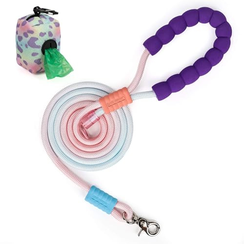 Hundeleine Große Hunde 2m Kletterseil Trainingsleine mit Schaumstoffgriff | Gepolsterter Schaumstoffgriff & Kotbeutelspender, 360° verwicklungsfreie Leine, rosa-blauer, für große Hunde im Training