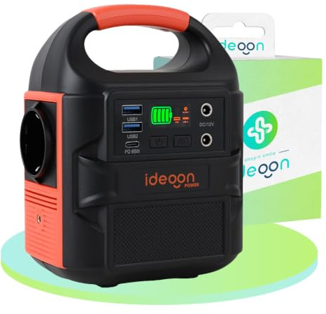 ideoon Kompakte Powerstation 88,8Wh Solargenerator mit 230V Steckdose, 100W, USB-C PD65W, 12V DC, LED-Display & 500lm Leuchte für Camping & Notstrom