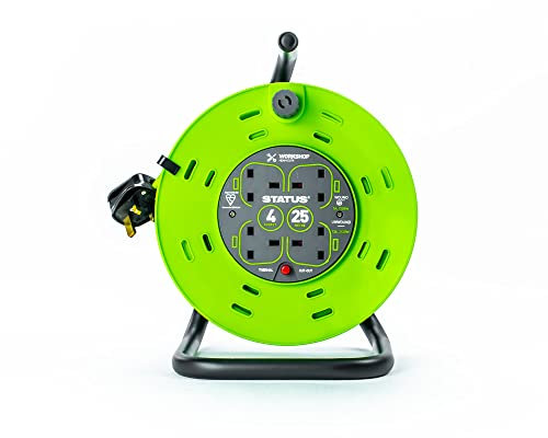 STATUS 4 Socket Cable Reel, 25m, Green, 13 Amp, Thermal Cut Out, Heavy Duty, Outdoor Extension Lead, Ideal for Garden, Workshop, DIY, Power Tools (S25M13ACR2)