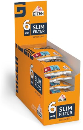 GIZEH Slim Filter Aktivkohle, Ø 6 mm – 20 Beutel á 120 Filter | Aktivkohle im Triple-Filter mit Kammersystem für sanfteres Aroma, 15 mm - im Zip-Beutel mit Spender