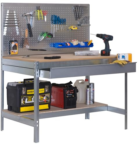 SimonRack Werkbank 600 kg Belastbarkeit, 144,5x151x61 cm, 1 Schublade, Große Arbeitsfläche Arbeitsfläche, Arbeitstisch, Holz-Arbeitsplatte, Verzinkt/Holz - BT2