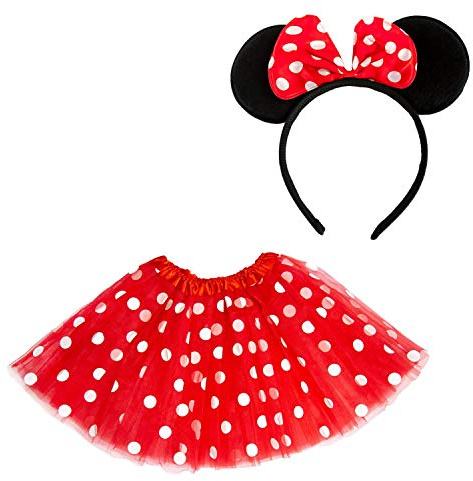 Oblique Unique® Damen Maus Mouse Mäuschen Kostüm-Set – Rot-weiß gepunktetes Tutu & Haarreifen mit Maus Ohren & Schleife – Ballettkleid für Fasching, Karneval, Cosplay, Halloween & Geburtstagsfeiern