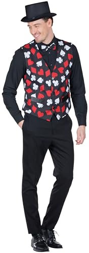 PartyXPeople Poker Weste inkl. Fliege| Kartenspieler Verkleidung | Herrenweste Kostüm Karten Poker |Karneval | schwarz-rot-weiß 14442-48